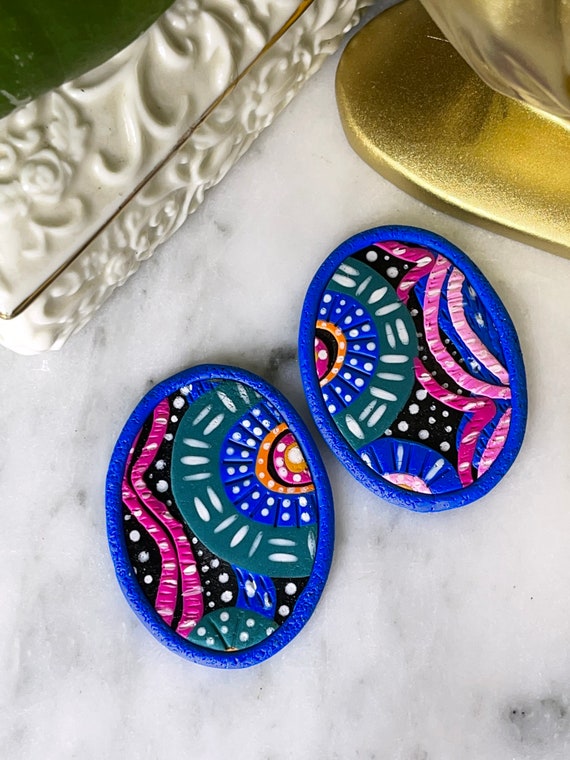 Tribal Print Life’s Journey Collection Statement Earrings Clay Handcrafted Dangles Black Ecru Cinnamon