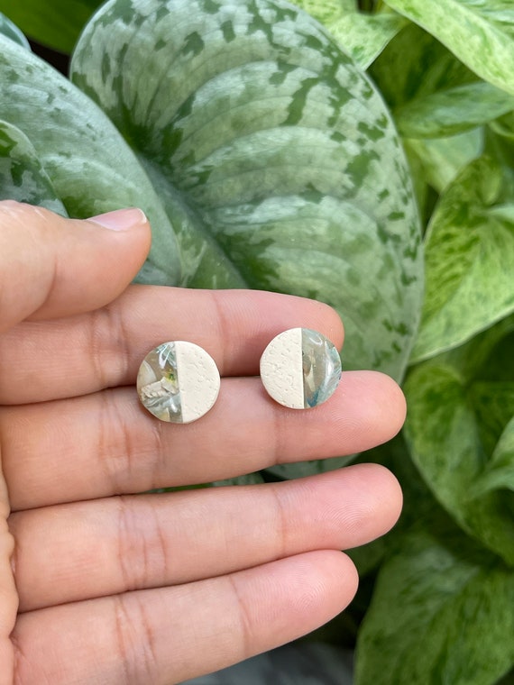 Teal Marble Dream Faux Stone Collection Small stud Statement Earrings Clay Lightweight Unique Black Gold Translucent Saints