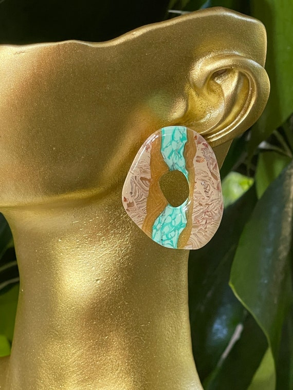 Fall Tropicals collection Ribbon turquoise Statement Earrings Clay Jewelry Organic Art Bobo chic concrete