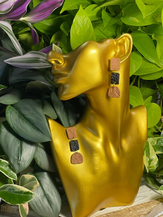 Mod Art Glam Camel Nia Color Block Dangles studs Hypoallergenic Statement Earrings Clay Jewelry