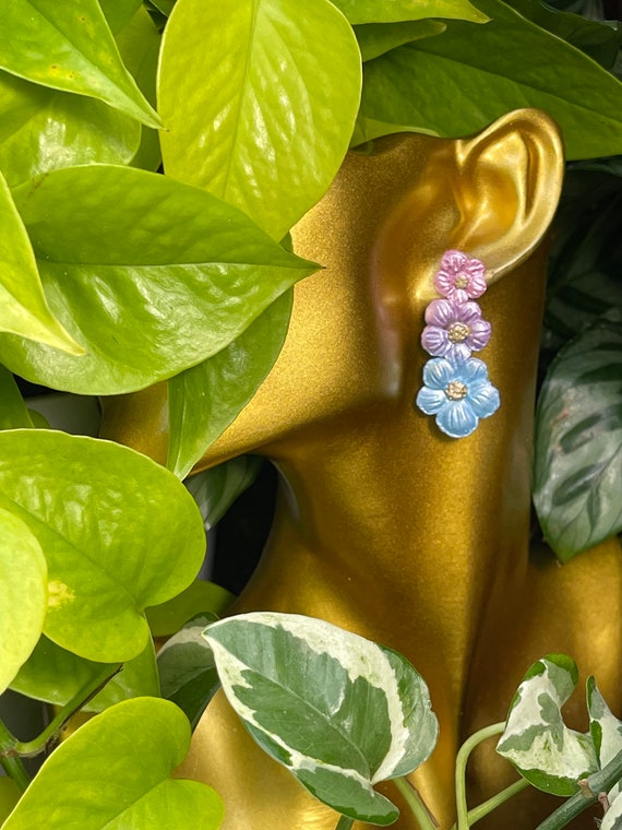 Palm Beach Tropical Spring Lavender triple Flower hoop Floral Statement Earrings Clay Studs Dangles blue pink purple gold