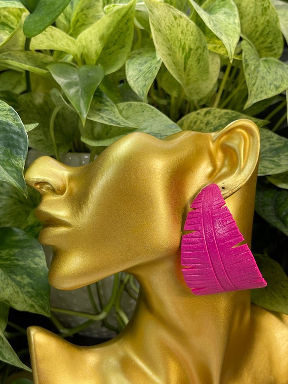 Banana Leaf Hoop slim Shorties Statement Hot Pink Earrings Clay hoops Tropical