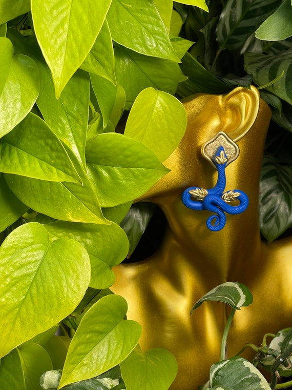 Jungle Slithereens Statement Earrings Large Silver Gold Post serpent snake Python Cobalt blue royal Gold studs boho