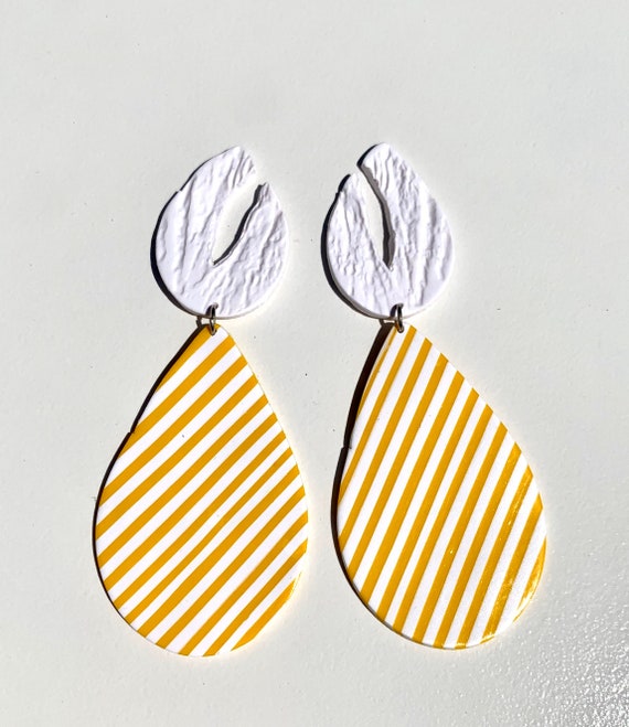 Marley in Yellow and White Stripes Large Statement Earrings Clay Spring