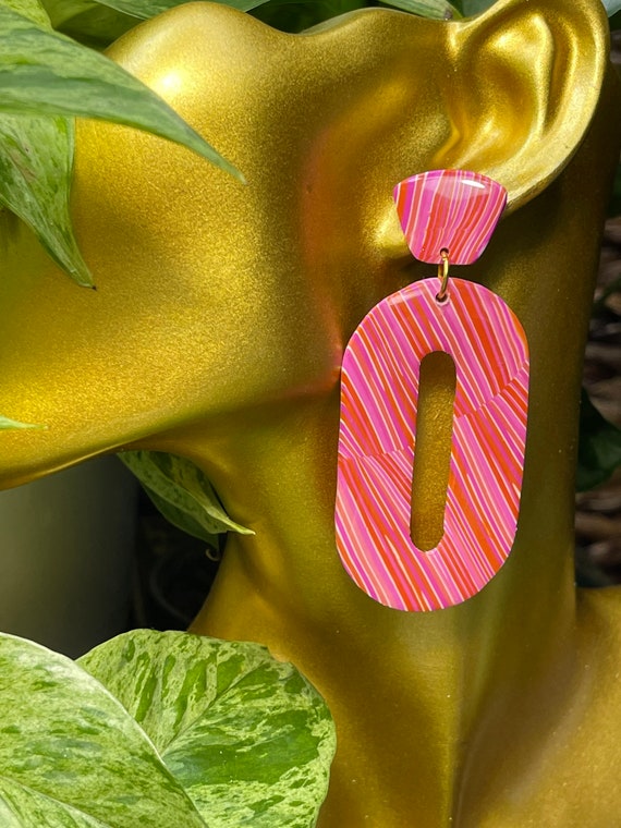 Striped Modern Movement Stud Print Collection Statement Earrings Clay Jewelry cream ecru sage orange pink peach stud mini Color blocked