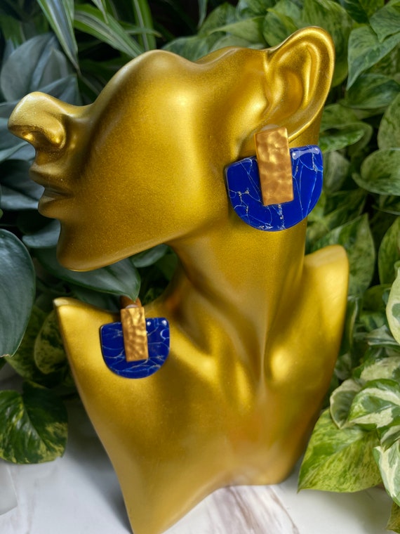 Lapis Lazuli Dream Collection Oversized Mega Statement Earrings Clay Jewelry Lightweight Unique Vintage hammered Gold
