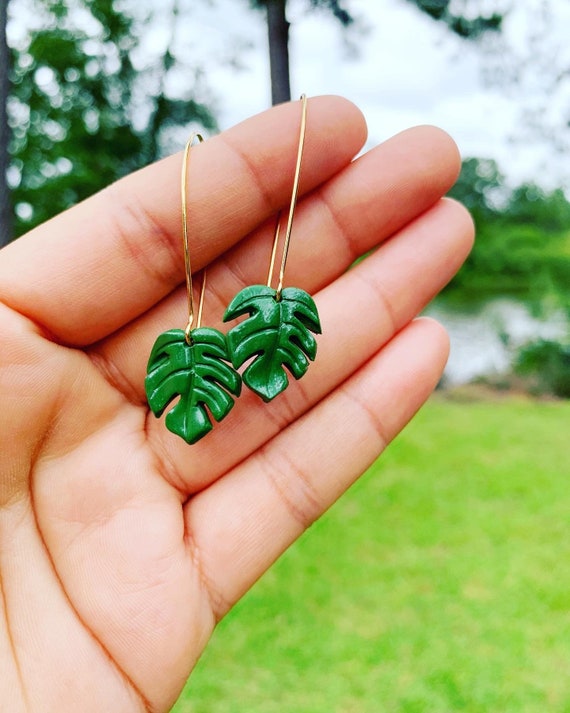 Mini Monstera Earrings hooks gold silver Green