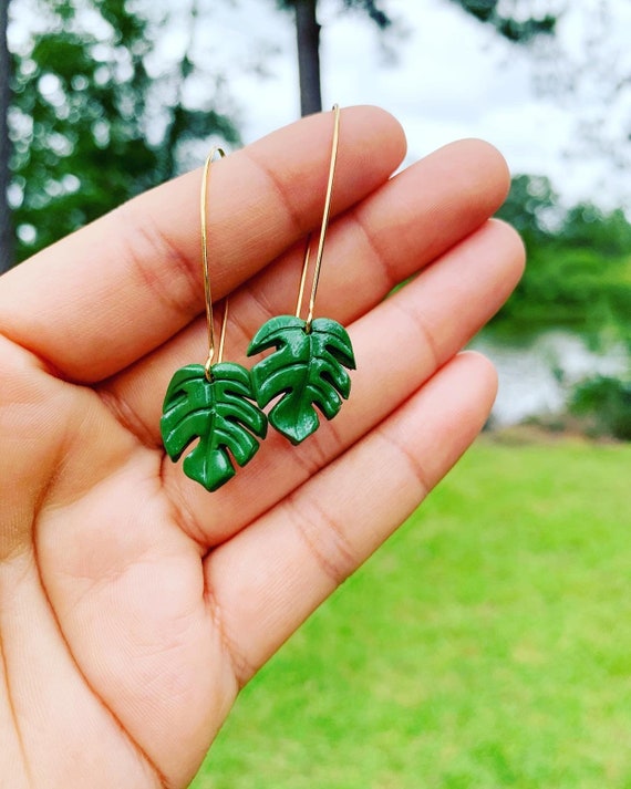 Mini Monstera Earrings  hooks gold silver Green