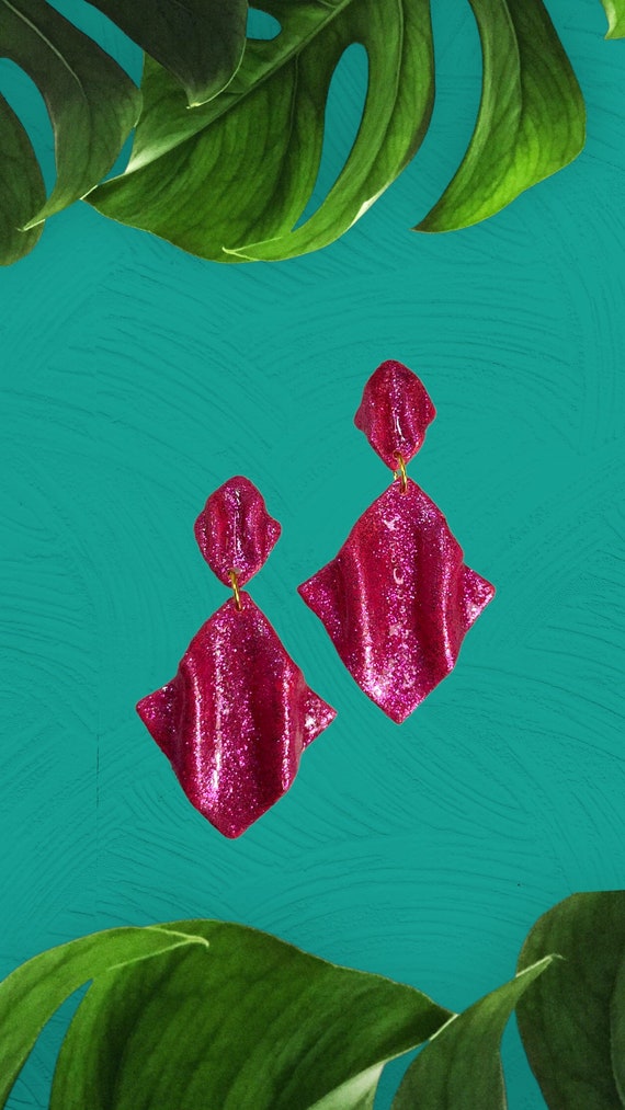 Small Draped in the Glam Glitter Double Statement Earrings Clay Handcrafted Hot Pink Dangles draped wave gold