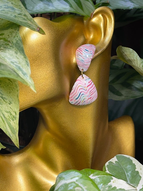 Rainbow Marbled Stripes Dangles Studs Resin Coated Statement Earrings Clay Jewelry Lightweight Unique Vintage Look