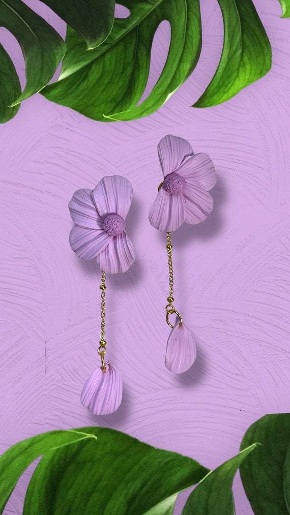 Detachable Floral Stud Medium Statement Earrings Clay bridal gold wedding glamour editorial lilac purple