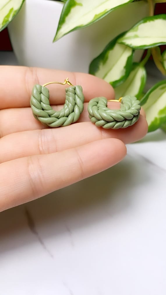 Rope Braid hoops  Statement Cognac rust  terra cotta Earrings Fall  Clay hoops olive green knit crochet