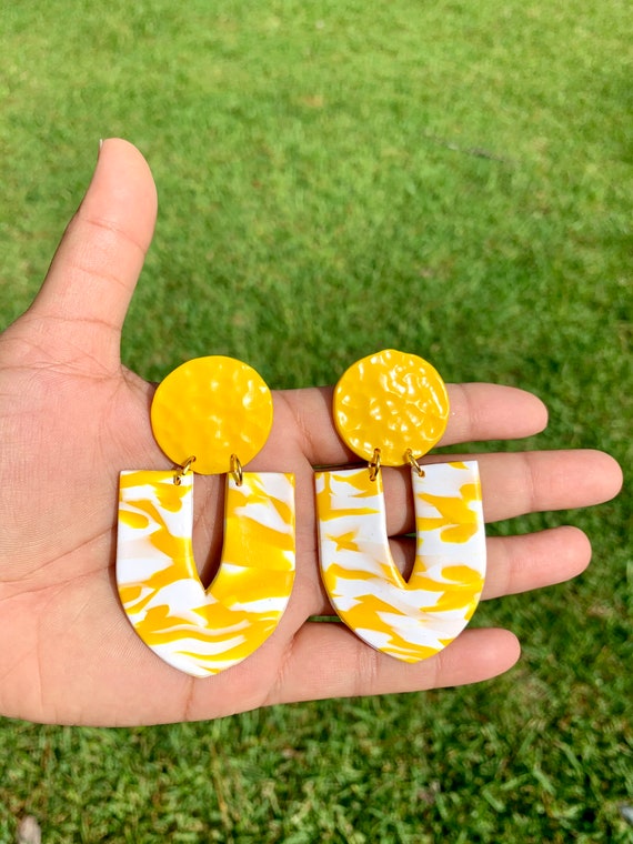 Yellow and White hammered U shape Large Statement Earrings Clay Spring drop polymer unique marbled summer fun