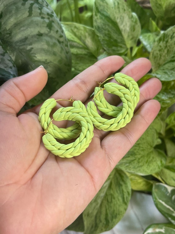 Rope Braid hoops Lime Green Chartreuse medium Statement Gold  Earrings Clay hoops  knit crochet