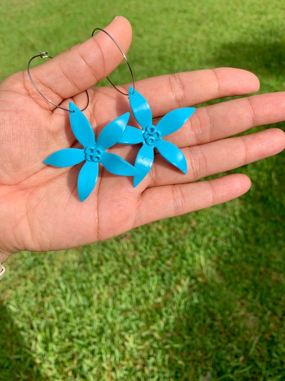 Palm Beach tropical flower hoop Floral Statement Earrings Clay Original unique spring Dangles turquoise