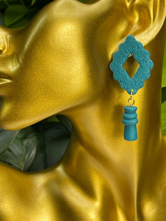 Modern Dangles Aztec Bead Teal Collection Statement Studs Earrings Clay Jewelry Pumpkin Orange