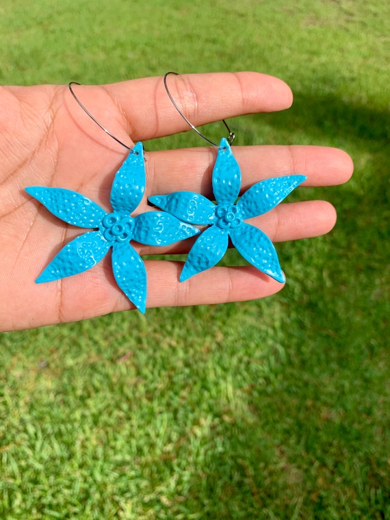 Palm Beach tropical flower hoop Floral Statement Earrings Clay Original unique spring Dangles turquoise