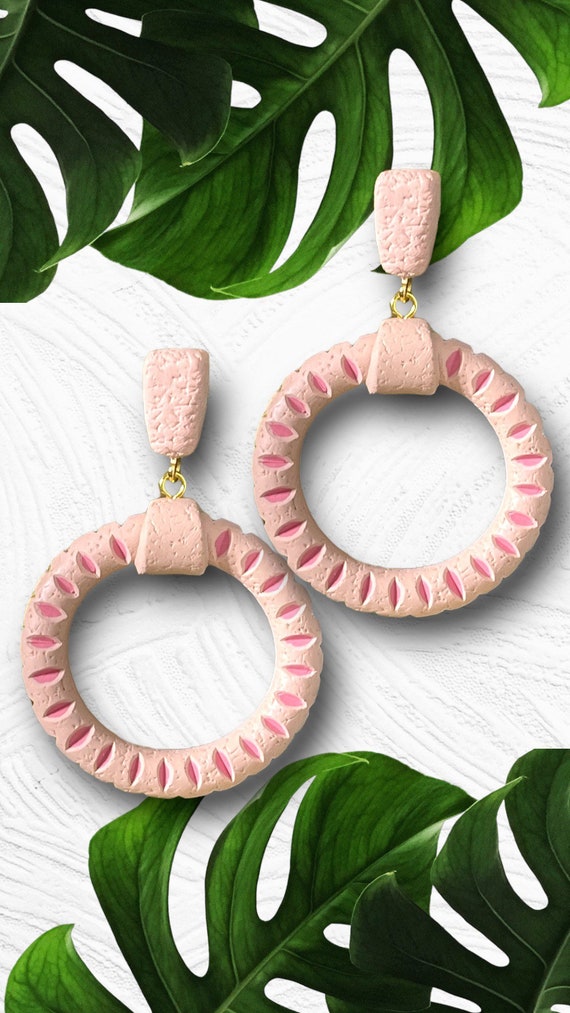 Hand Carved hoops Medium Collection Statement Earrings Clay Handcrafted Dangles Blush pink Hoops large