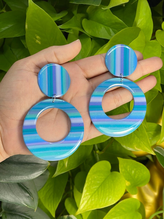 Ocean Striped Mega Hoops studs Resin Coated Statement Earrings Clay silver Jewelry Lightweight Unique Vintage Look