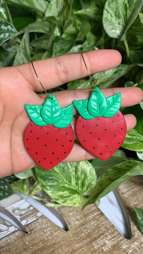 Large Strawberry Hoop Statement Earrings gold silver Red green