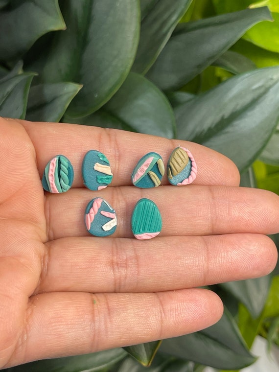 Tropical Abstract Stud Print Collection Statement Earrings Clay Jewelry cream ecru olive pink teal stud mini Color blocked