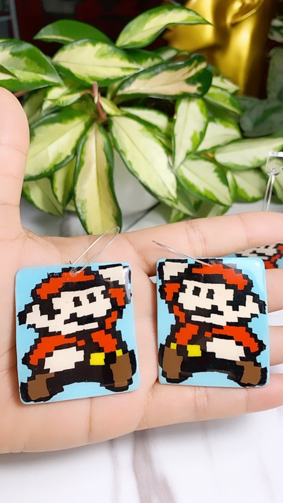 Super Mario Inspired Statement Earrings 8 bit Gamer Retro Polymer Clay Resin dangle Hoops Super Size XL Trimmed