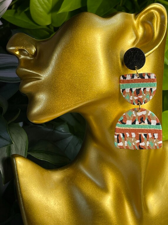 Tribal Pattern Aztec Southwest Rust Turquoise black Collection Statement Earrings Clay Jewelry Pumpkin Orange