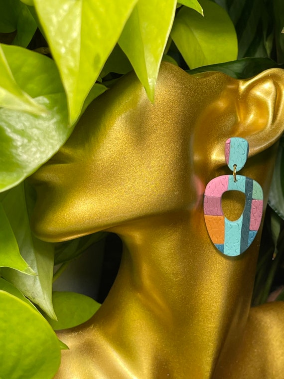 Patchwork color Block Pattern Collection Statement Earrings Clay Jewelry cream ecru olive pink teal stud mini Color blocked