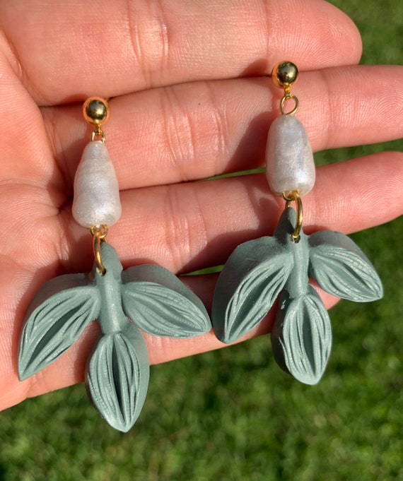 Limited edition Jungle Boggie Leaf Drop Faux Pearl Rainforests Statement Earrings Gold