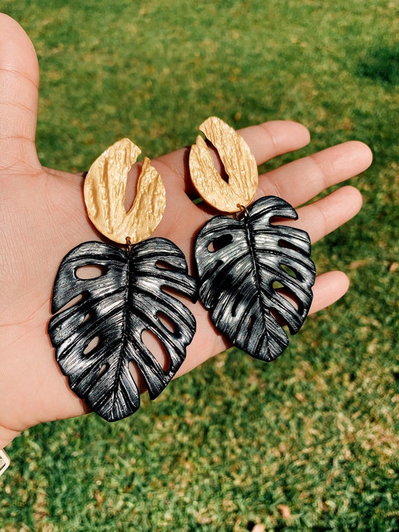 Palm Beach Monstera Big Statement Earrings Black Gold or silver Leaf Dangles