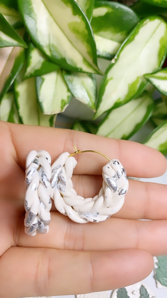 Rope Braid hoops Small Statement White sliver foil Earrings Winter wonderland Clay hoops knit crochet