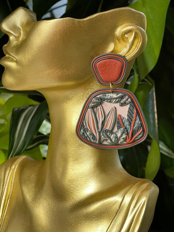 Fall Tropicals collection Jungle leaf Statement Earrings Clay Jewelry Organic Art Bobo chic concrete