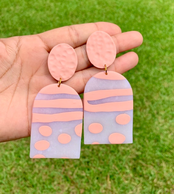 Painted Glass Collection Statement Earrings Clay Jewelry Lightweight Coral peach blush Translucent hammered