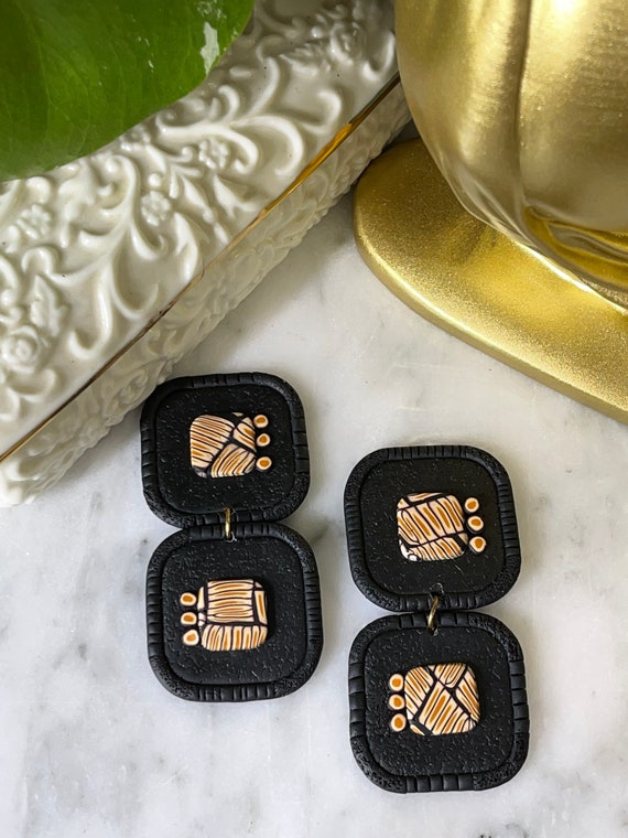 Tribal Print Life’s Journey Collection Statement Earrings Clay Handcrafted Dangles Black White Chartreuse Hoops small