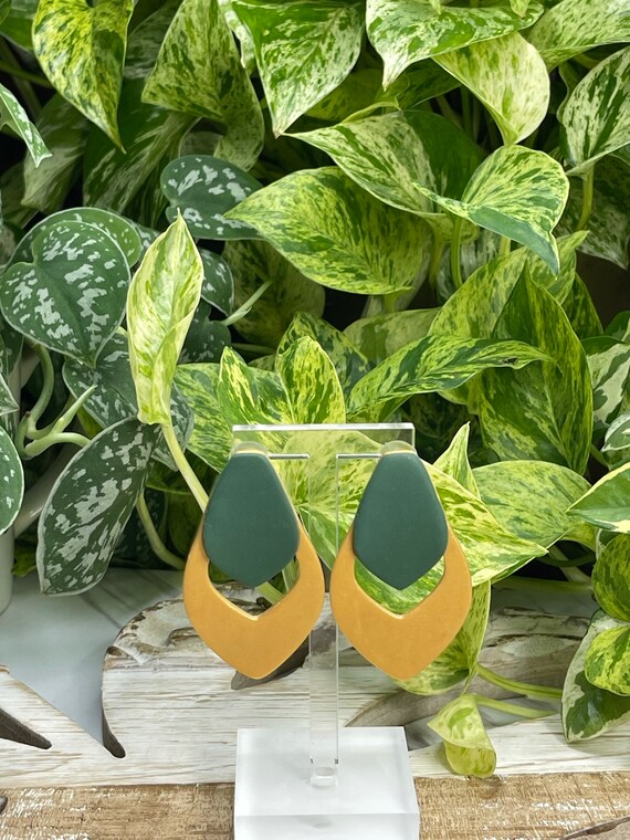 Young Hunter Green Gold light minimalist modern large stud Statement Earrings Clay