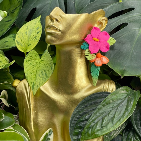 Maui 2 in 1 Removeable Statement Earrings Interchangeable tropical Island collection Hand cut Leaf Dangles flowers editorial look