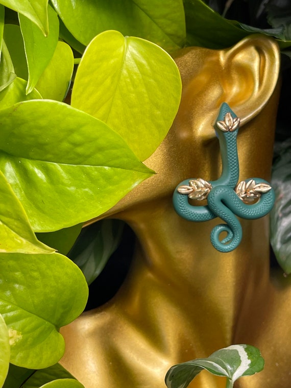 Jungle Slithereens Statement Earrings Large Silver Gold Post serpent snake Python Green Gold studs boho