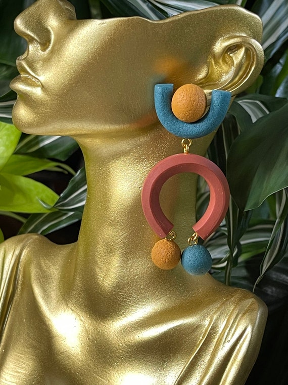 Complexed Simplicity Collection Statement textured Earrings Small rust teal mustard Clay Jewelry Gold Clay Beads arch