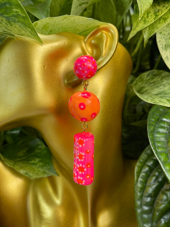 Neon pink Orange  Dot Statement Hand painted Gold Earrings Clay handcrafted Wrapped Tropical Dangles