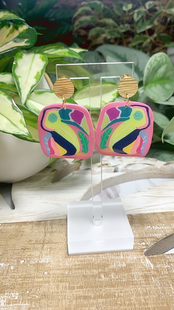 Toucan Dreams Limited Edition Resin Coated Statement Earrings Green pink neon Gold Yellow blue floral flower leaf multicolored