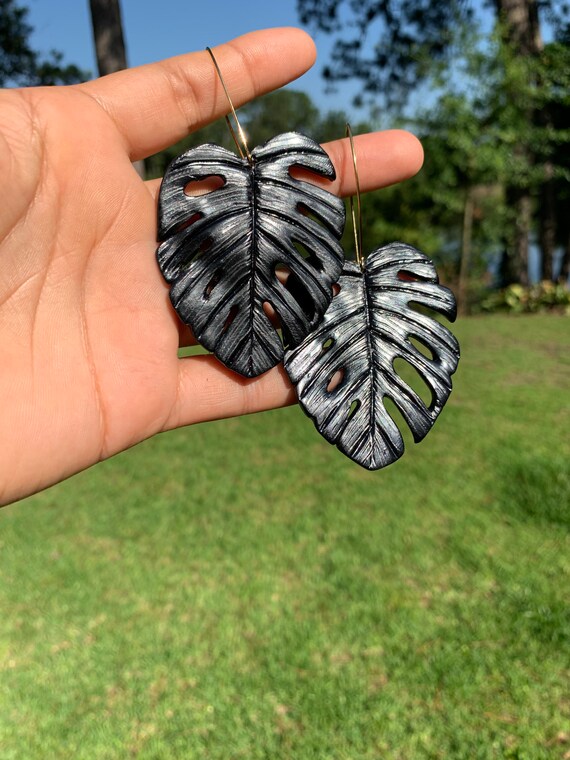 Palm Beach Monstera Big Statement Earrings Black Gold or silver Hooks Leaf Dangles