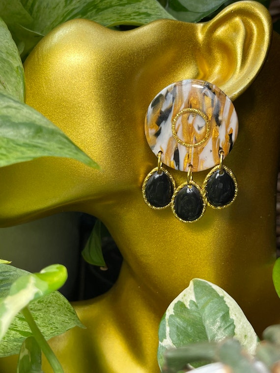 Calico Marble Dream Faux Stone Collection Circle dangles Statement Earrings Clay Lightweight Unique Black Gold Translucent Saints