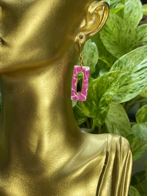 Faux Stone Pink rose Bar Ball dangle Collection Statement Earrings Clay Jewelry Lightweight Gold Translucent Geode Lace Agate