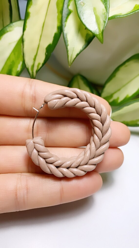 Rope Braid hoops Large Statement mauve Earrings Fall Clay hoops olive green knit crochet clay