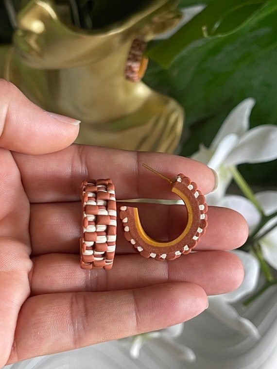 Textured hoops small Statement Cognac rust terra cotta Earrings Fall Clay hoops olive green