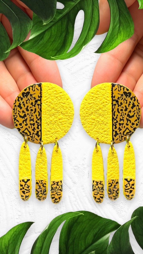 Modern Movement Dangles Rock Candy Print Collection Statement Earrings Clay Jewelry animal print Leopard  cheetah black yellow studs