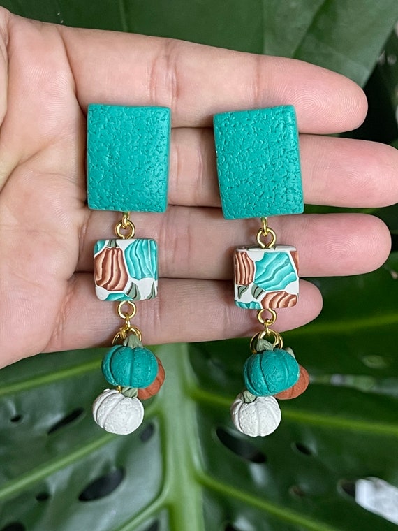 Fidget Collection pumpkins Statement textured Earrings Small rust teal mustard Clay Jewelry Gold Clay Beads arch interactive