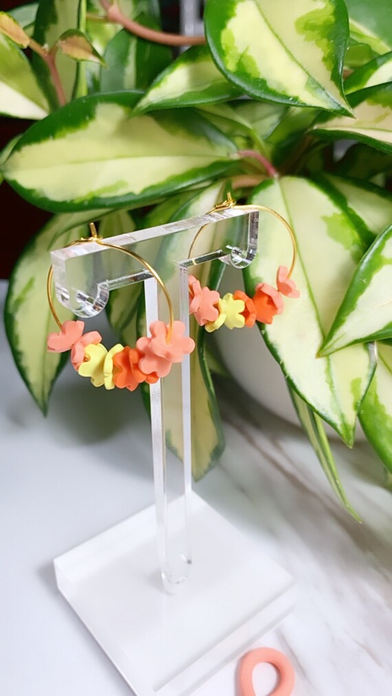 Spring Fling Floral Hoops Coral Yellow and gold Statement Earrings Small Dangles flowers petal