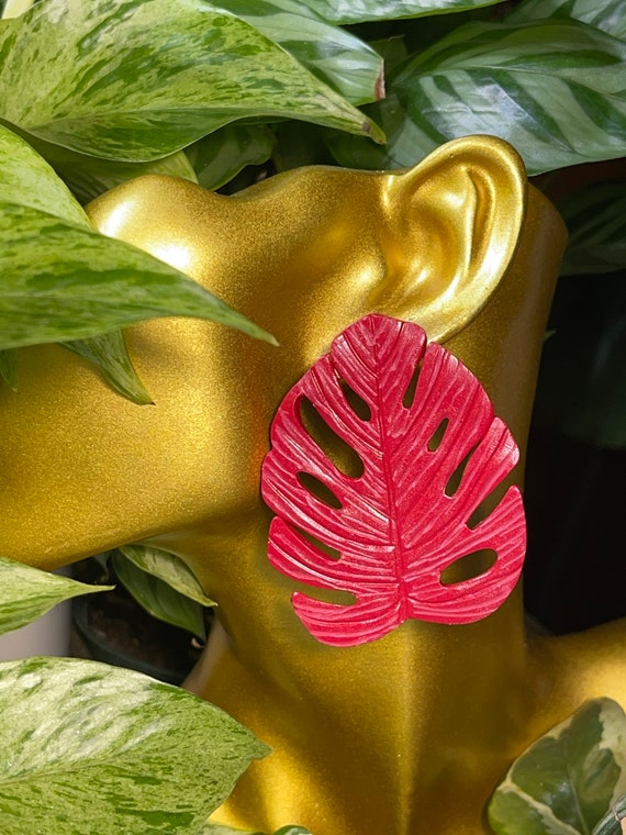 Palm Beach Monstera Big Statement Earrings Hot Red studs Gold or silver Hooks Leaf Dangles