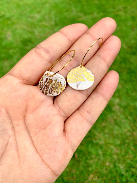 Pearlie Gold foil collection Statement Earrings Small Circle Dangles Hoop chic lightweight jewelry drop dainty elegant Pearl iridescent